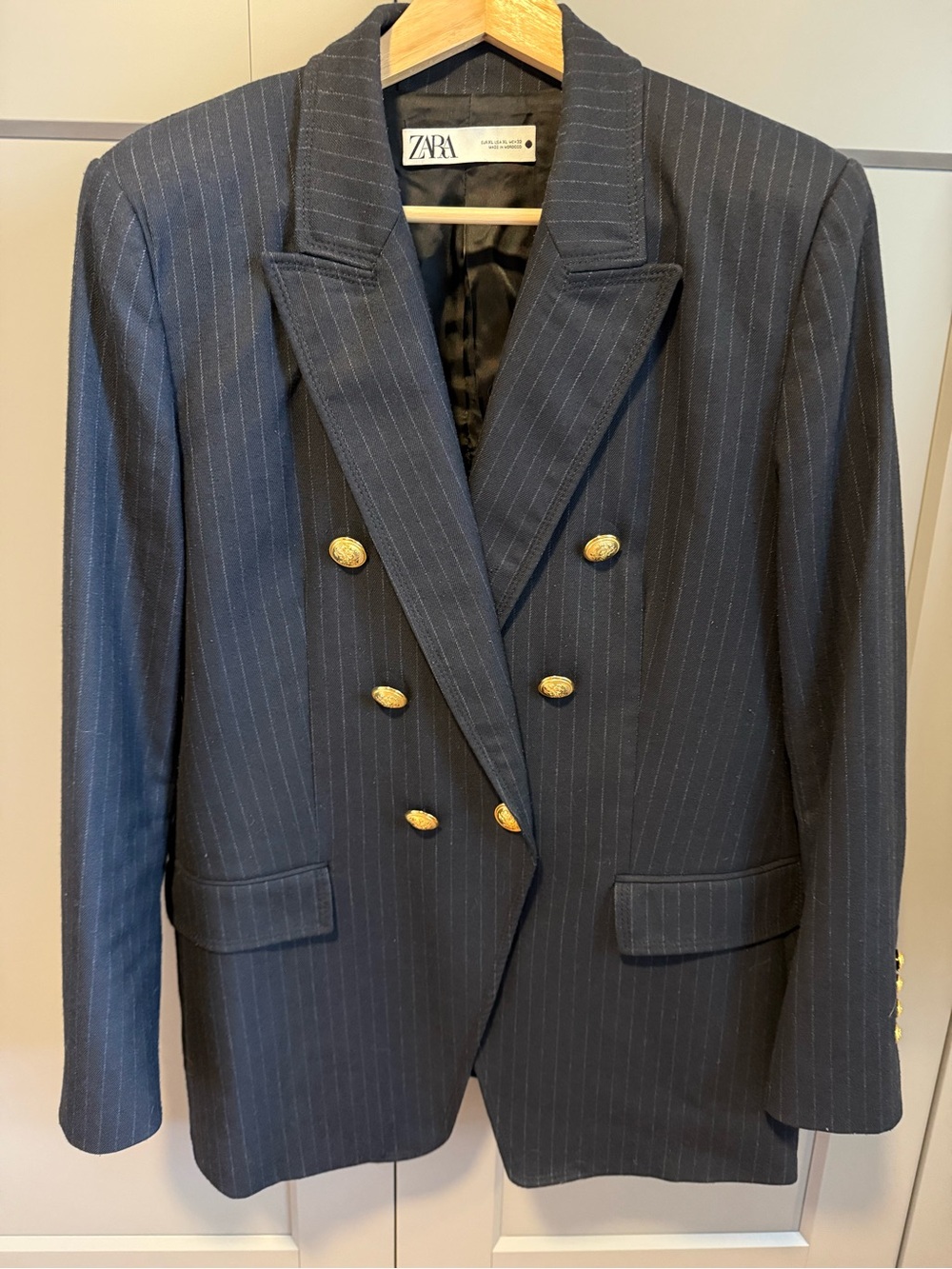 Zara Navy Pinstripe Double-Breasted Blazer with Gold Buttons